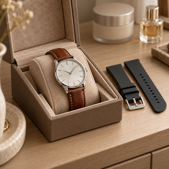 Watch with a leather strap in a box, next to it a silicone strap and cosmetics