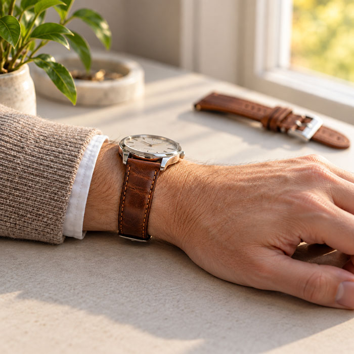 Watch with a brown leather strap on the wrist, a replacement strap next to it