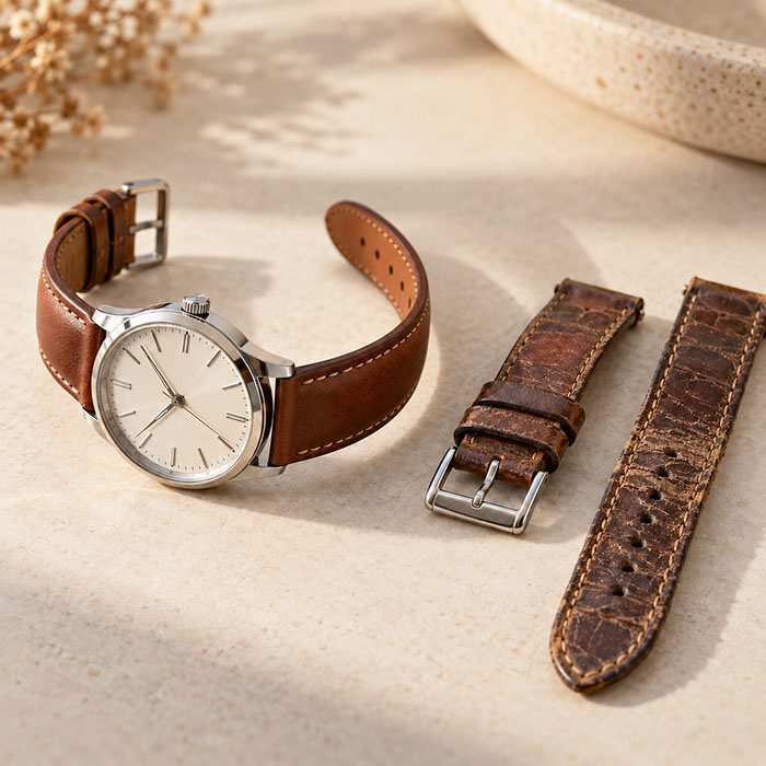 New brown leather strap and a worn strap side by side