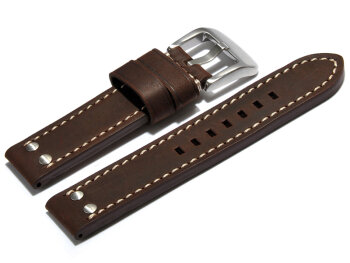 Watch strap - extra strong - genuine leather - 2 Pins -  dark brown 24mm