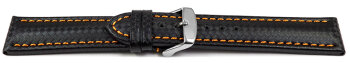 Watch strap - Genuine leather - carbon print - black with orange stitch