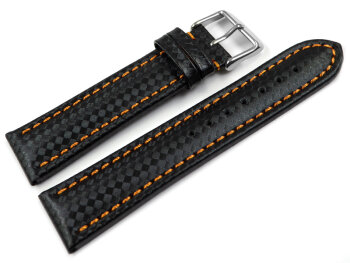 Watch strap - Genuine leather - carbon print - black with orange stitch
