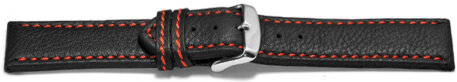 Watch strap - genuine leather - black - red stitching - 18,20,22,24 mm