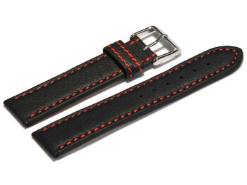 Watch strap - genuine leather - black - red stitching - 18,20,22,24 mm