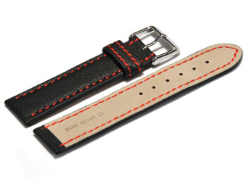 Watch strap - genuine leather - black - red stitching - 20mm Steel