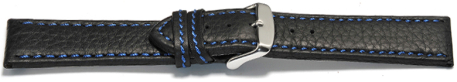 Watch strap - genuine leather - black - blue stitching - 18,20,22,24 mm