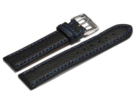 Watch strap - genuine leather - black - blue stitching - 18,20,22,24 mm