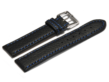 Watch strap - genuine leather - black - blue stitching -...