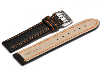 Watch strap - genuine leather - black - orange stitching - 18,20,22,24 mm