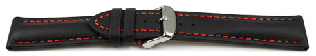 Watch strap - strong padded - smooth - black red stitch 22mm Steel