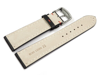 Watch strap - strong padded - smooth - black red stitch 24mm Steel