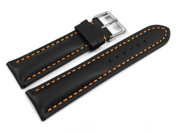 Watch strap - strong padded - smooth - black with orange stitch 18mm Steel