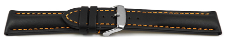 Watch strap - strong padded - smooth - black with orange stitch 20mm Steel