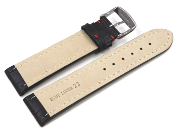 Watch strap - Genuine leather - croco print - black w. red stitch - XL