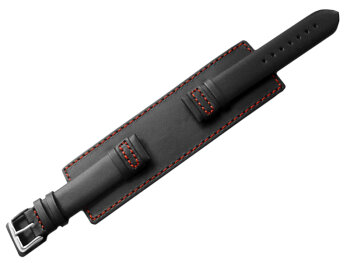 Watch band - Genuine leather - with full Pad - black - red stitch 18mm Steel