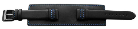 Watch band - Genuine leather - with full Pad - black - blue stitch 18mm Steel