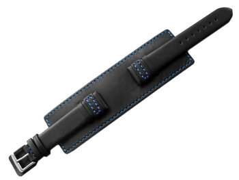 Watch band - Genuine leather - with full Pad - black - blue stitch 18mm Steel