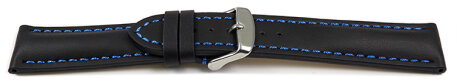 Watch strap - strong padded - smooth - black with blue stitch 18mm Steel