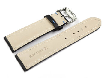 Watch strap - strong padded - smooth - black with blue stitch 20mm Steel