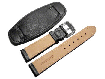 Watch band - Genuine grained leather - with Pad - black 22mm Steel