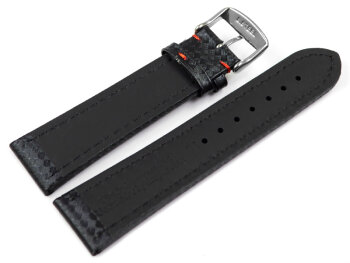 Watch strap - Genuine leather - carbon print - black with red stitch 22mm Steel