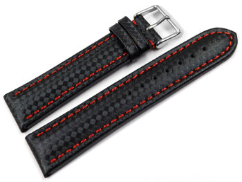 Watch strap - Genuine leather - carbon print - black with red stitch 24mm Steel