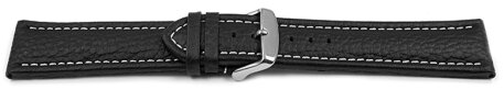 Watch strap - Genuine grained leather - black white stitch 18mm Steel