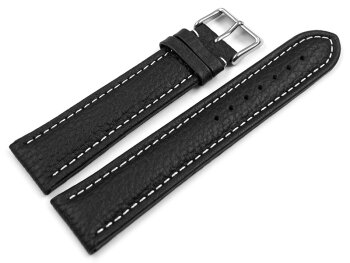 Watch strap - Genuine grained leather - black white stitch 20mm Steel