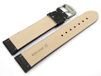 Watch strap - Genuine grained leather - black white stitch 22mm Steel