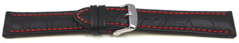 Watch strap - Genuine leather - croco print - black w. red stitch 20mm Steel