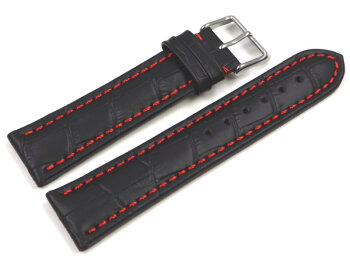 Watch strap - Genuine leather - croco print - black w. red stitch 22mm Steel