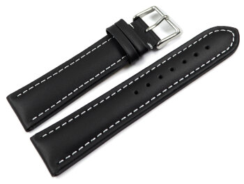 Watch strap - Genuine leather - Smooth - XXL - black 20mm Steel