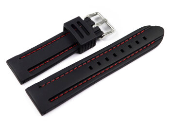 Watch strap - Silicone - Waterproof - black with red stitch 20mm