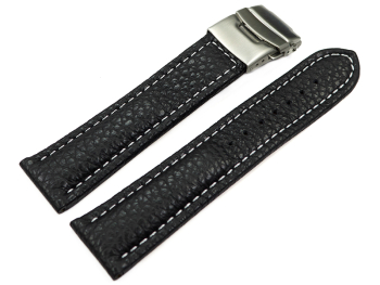 Deployment clasp - Genuine grained leather - Eptide - black white stitch 22mm Steel