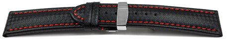 Deployment clasp - Watch strap - Genuine leather - carbon print - black w. red  stitch 22mm Steel