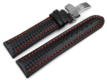Deployment clasp - Watch strap - Genuine leather - carbon print - black w. red  stitch 22mm Steel