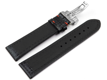 Deployment clasp - Watch strap - Genuine leather - carbon print - black w. red  stitch 22mm Steel