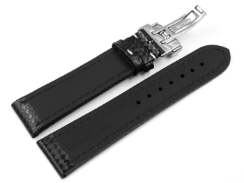 Deployment clasp - Watch strap - Genuine leather - carbon print - black w. stitch 22mm Steel