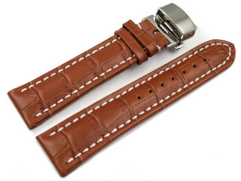 Butterfly - Watch strap - Genuine leather - croco print - light brown 22mm Steel