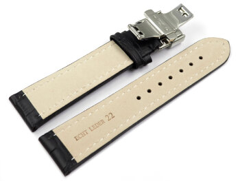 Butterfly - Watch strap - Genuine leather - croco print - black 20mm Steel