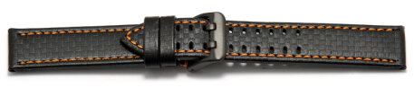 Watch strap - Genuine leather - black carbon optic - orange stitching