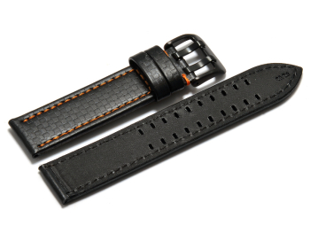 Watch strap - Genuine leather - black carbon optic - orange stitching