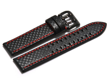Watch strap - Genuine leather - black carbon optic - red...