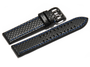 Watch strap - Genuine leather - black carbon optic - blue stitching 24mm