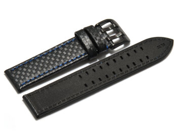 Watch strap - Genuine leather - black carbon optic - blue stitching 24mm