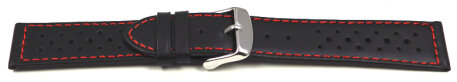 Watch strap - genuine leather - Style - black red stitch 22mm Steel