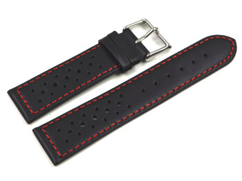Watch strap - genuine leather - Style - black red stitch 22mm Steel