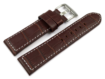 Watch strap - genuine leather - croco - dark brown white stitching