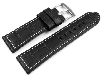 Watch strap - genuine leather - croco - black white stitching