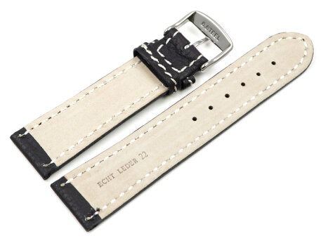 Watch strap - genuine leather - black - white stitching - 18,20,22,24 mm